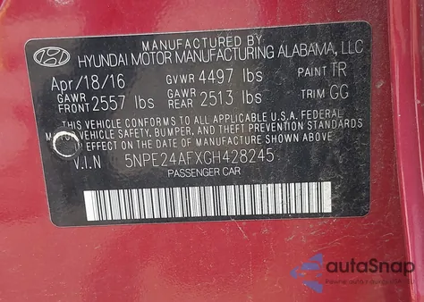 2016 Hyundai Sonata Se z USA, uszkodzony, nr VIN 5NPE24AFXGH428245